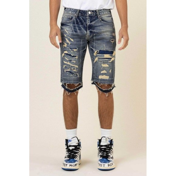 FIRST ROW CASUAL PANTS SHORT SUMER BORO STITCH HEAVY RIP&REPAIR DENIM SHORTS - Picture 1 of 10